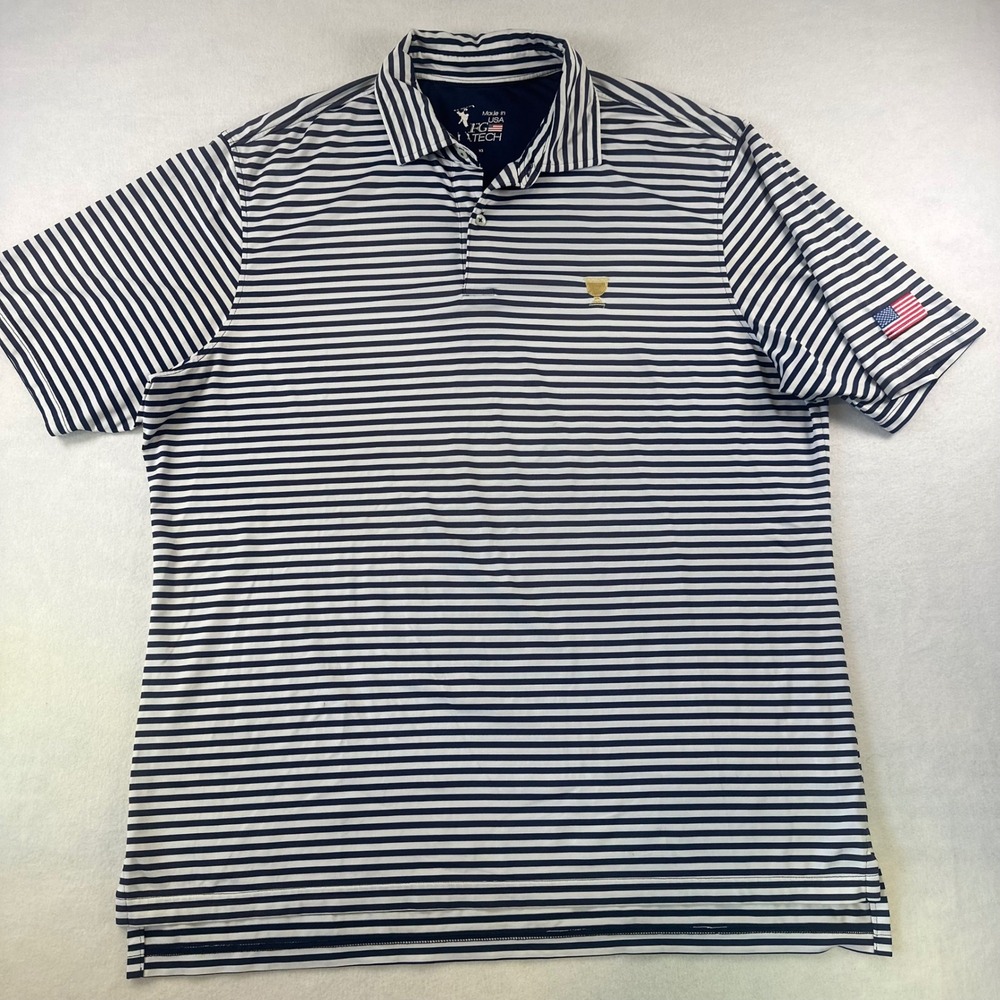 FG Tech Mens XL Golf Polo Shirt Navy Blue White Striped USA Flag Trophy Made USA